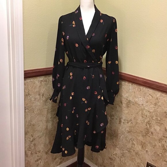 Cabi Divine Wrap Dress Small Floral Black Long Sleeve Midi - Picture 4 of 10